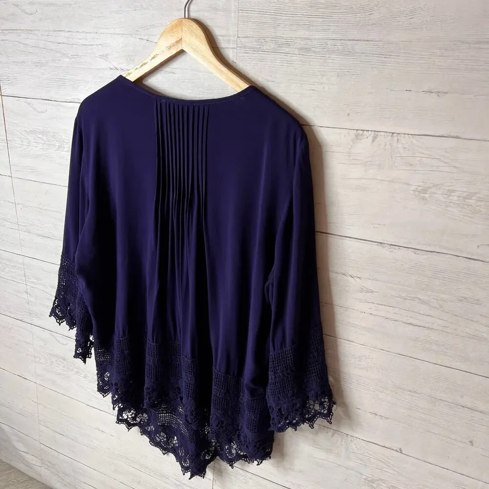 Solitaire Blouse Womens Size 2X Navy Blue Pintuck Button Down Embroidery Boho - Picture 11 of 15